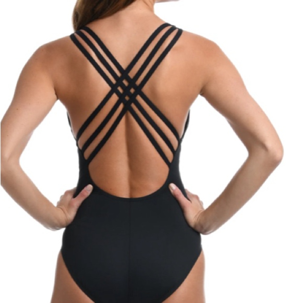 NWT La Blanca Black Island Goddess Multi Strap Cross Back One Piece Swimsuit 12